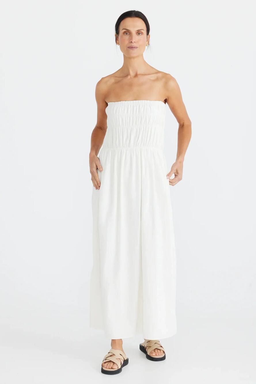 Brave + True Anthropologie Isabella Linen Blend Strapless Smocked Maxi White M